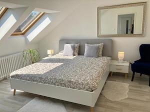a bedroom with a bed and a mirror at Queen Flat in Old Town with Castle view in Bratislava