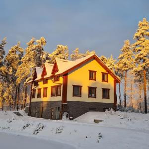 una casa amarilla en la nieve con árboles en Grundenberga en Baldone