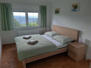 een slaapkamer met een bed met twee handdoeken erop bij Naproti Klínovci in Jáchymov