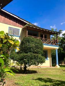 una casa con un árbol delante de ella en Acogedora Casa Rural en plena naturaleza frente al Río con piscina Bonao en Bonao