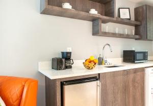 eine Küche mit einer Theke mit einer Spüle und einer Mikrowelle in der Unterkunft Waterside Hotel and Suites in Miami Beach