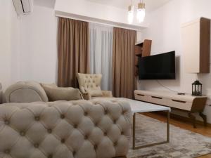 een woonkamer met een bank en een televisie bij Luxury Apartment IVA II in Skopje