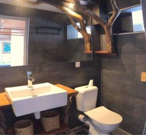 um banheiro com pia e vaso sanitário em Suite totalement équipée avec vue imprenable!!!! em Punaauia