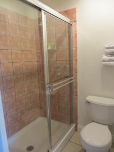 a bathroom with a shower and a toilet at Jet Inn in Los Angeles
