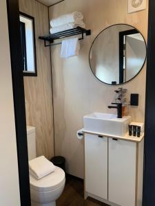 un bagno con un lavandino bianco e uno specchio di Snowman Cabins a Ohakune