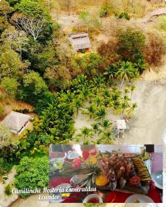 Hosteria Cumilinche في سيم: اطلالة جوية على حديقة فيها اكل على طاولة