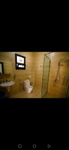 a bathroom with a shower and a toilet and a sink at Estrahet Al Haitham in Al Qal‘ah +14 photos