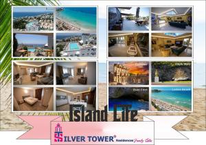 een collage van foto's van een eilandleven en een riviertoren bij Silver Tower Residence in Kuşadası