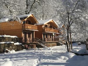 una cabaña de madera en la nieve con árboles nevados en Cottages in mountains, en K'veda Bzubzu