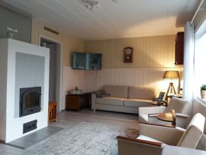 a living room with a couch and a fireplace at Saunamaailman Vanha tölli in Sastamala