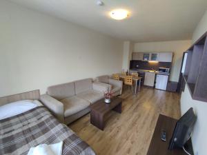 a living room with a couch and a kitchen at Nevada Aparthotel in Pamporovo