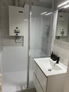 a white bathroom with a sink and a shower at Appartement lumineux, idéalement situé - Enfants bienvenus in Namur +22 photos