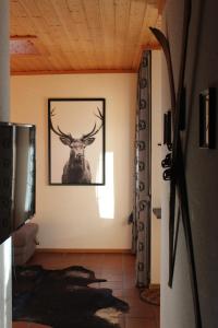 um quarto com uma fotografia de um veado na parede em Lilly Chalet- Apartments with private sauna, close to ski lifts em Bad Kleinkirchheim