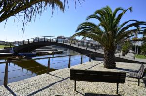 uma ponte sobre um rio com um banco e uma palmeira em Hotel Sra da Conceicao na Praia de Mira