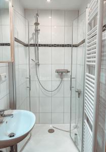 a bathroom with a shower and a sink at Ferienwohnung inmitten der Natur mit Sauna in Steinau an der Straße