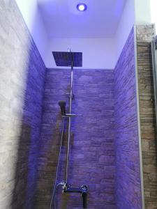 a shower in a bathroom with a stone wall at Loft Porta Sud in Brindisi