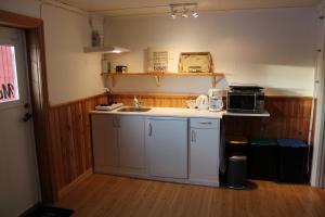 una pequeña cocina con fregadero y microondas en Swedish Adventure en Brograngen