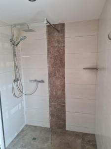 baño con ducha y puerta de cristal en Störmthal Ferienwohnung 2 Sonnenweg en Großpösna