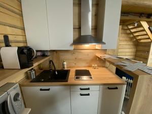 a small kitchen with a sink and a stove at Nagano - klimatyczny domek w górach in Korbielów
