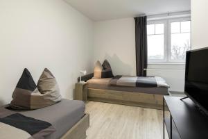 een slaapkamer met 2 bedden, een tv en een raam bij Arkadia Apartments-Schwissel-Bad Segeberg in Schwissel
