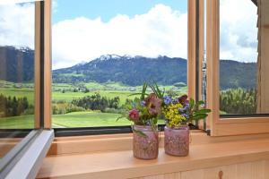dois vasos cheios de flores sentados no parapeito da janela em Ferienhof Landerleben em Egg