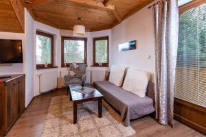 ein Wohnzimmer mit einem Sofa und einem Tisch in der Unterkunft Ubytovanie Pri zvonici in Liptovský Mikuláš