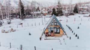 a small cabin in a snow covered field with a house at Acasă Straja - Casa Vintage in Lupeni