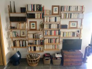 a living room with wooden bookshelves and a television at Villa Poggio in Santa-Maria-Poggio