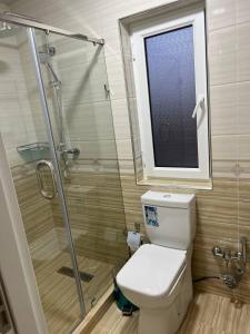 Un baño con inodoro y ducha de cristal. en Orient INN Apartment, en Tashkent 7 fotos más