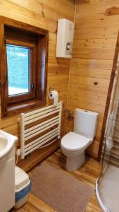a wooden bathroom with a toilet and a sink at Domki pod Lipą. in Liszna