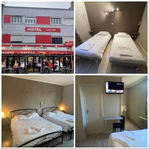 3 fotos de una habitación de hotel con camas y TV en L'Excess Hotel en Vierzon