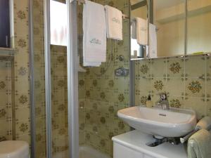 a bathroom with a sink and a toilet and a shower at Ferienwohnung Neumann in Gersfeld