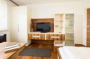 a living room with a tv on a wooden entertainment center at Ferienhof Neundlinger in Niederwaldkirchen