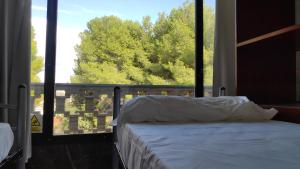 1 dormitorio con cama y ventana grande en Albergue La Estación, en Cehegín