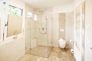 a bathroom with a shower and a toilet at Suite Salzluft mit Sauna in Zingst +16 photos