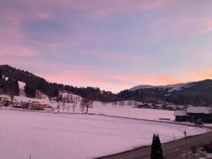 a snow covered field with a town and mountains in the background at Appartements Michaela in Westendorf