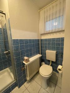 uma casa de banho em azulejos azuis com um WC e um chuveiro em Ferien- & Monteurzimmer Markhausen em Friesoythe