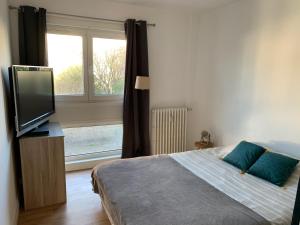 カレーにあるAppartement 65m2 Calais Nord à proximité de la Plageのベッドルーム(ベッド1台、薄型テレビ付)