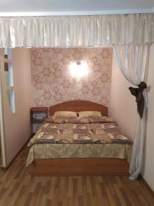 a bedroom with a bed with a curtain and a window at Cozy apartments in the city center Kharkovskaya street in Sumy