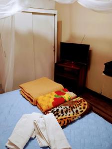 1 dormitorio con 2 mantas en una cama y TV en Casa LuNa -Estratégica Ubicación- en Medellín