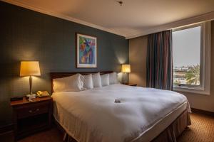 um quarto de hotel com uma cama grande e uma janela em Eurobuilding Express El Tigre em El Tigre