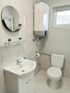 a bathroom with a sink and a toilet and a mirror at Grafit Apartmanok in Hajdúnánás