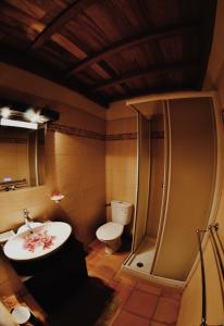 La salle de bains est pourvue de toilettes, d'un lavabo et d'une douche. dans l'établissement Gîte Carmelie, à Sainte-Luce