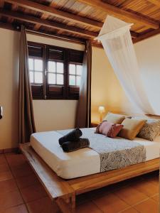 - une chambre avec un lit et une moustiquaire dans l'établissement Gîte Carmelie, à Sainte-Luce