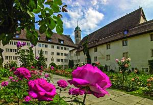 a large building with pink flowers in front of it at Vivez un conte de fée dans la pièce ronde d'une tour médiévale in Porrentruy