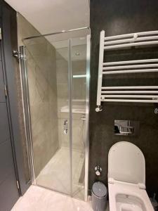 a bathroom with a toilet and a glass shower at Central Modern Apartment by Siena Suites in Istanbul