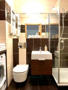 een badkamer met een wastafel en een wasmachine bij BALTICUS uroczy apartament w Świnoujściu in Świnoujście
