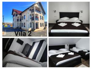 a collage of pictures of a hotel room with two beds at Pensiunea Tincu in Satu Şugatag
