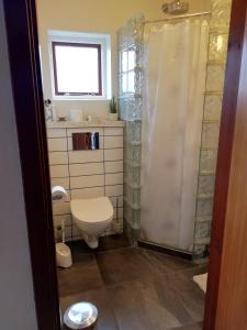 uma casa de banho com um WC e um chuveiro em Kløvermarken 14 em Herning