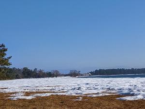 a snowy field with snow on the ground at 臨湖荘 in Takashima